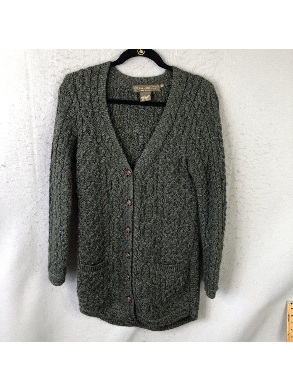 Inis Crafts Cardigan Sweater Womens S Green Merino Wool Aran Cable Ireland